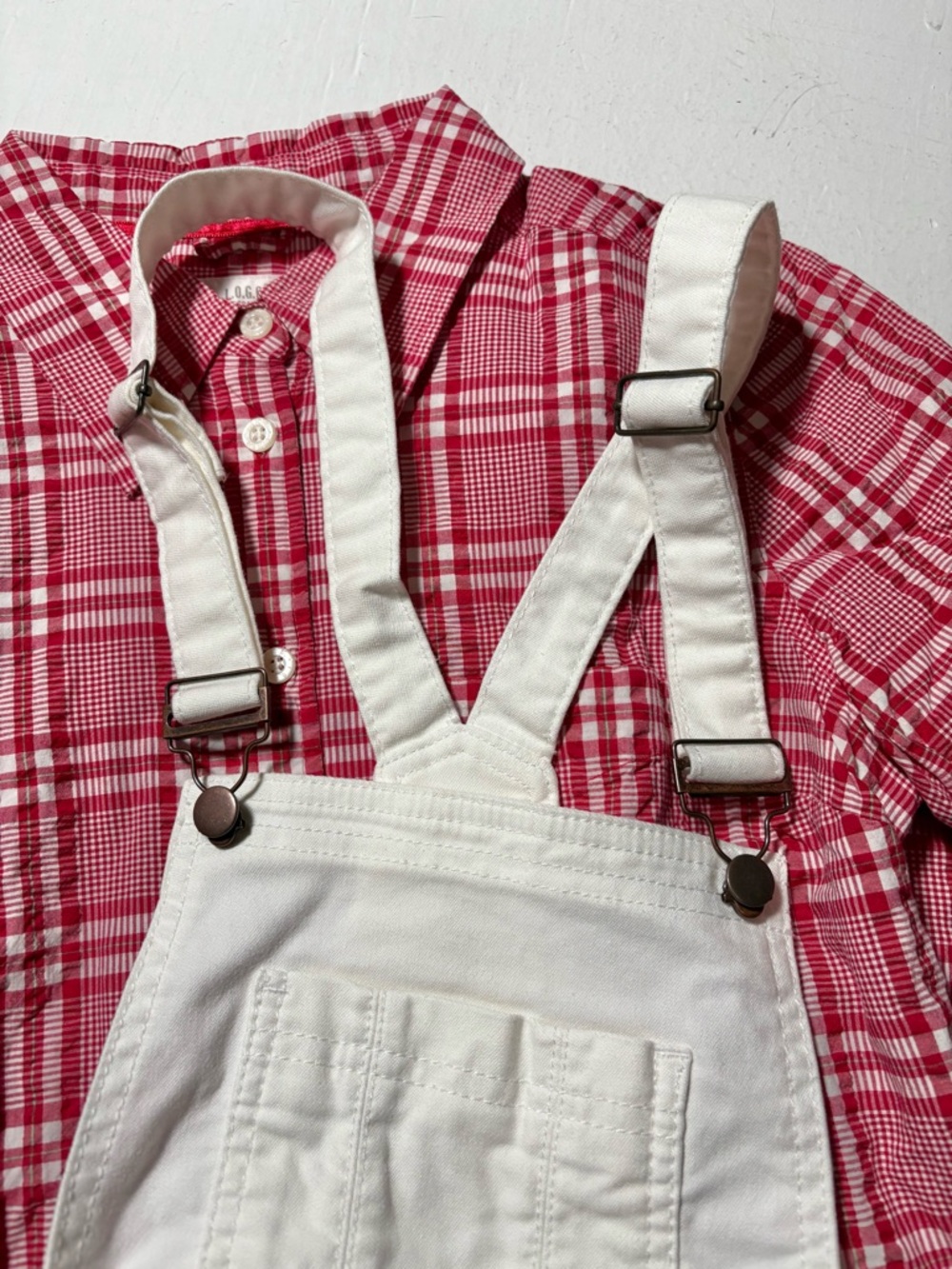 HP🌹NEW White Jean Shorts Overall w Skull Bag & GUC H&M Gingham Seersucker Shirt